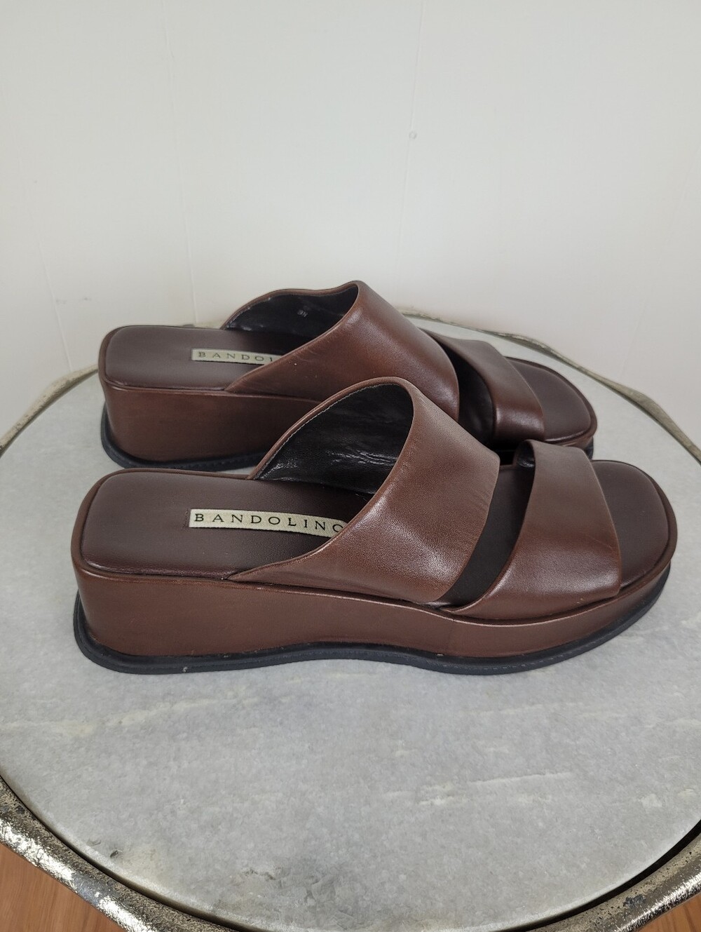 Bandolino Size 9 Brown Leather Platform Wedge Slide Sandals